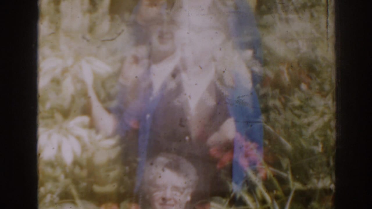 Soft-focus woman in a blue jacket standing among garden plants.