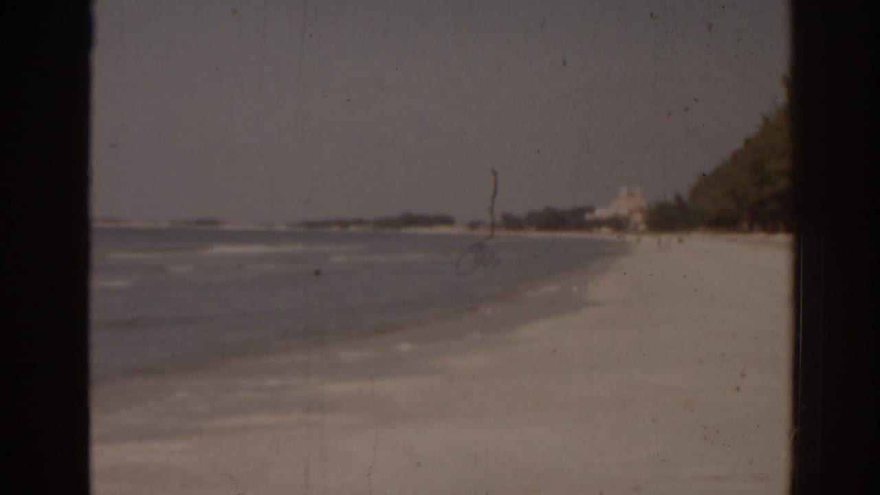 Florida beach shoreline seen through dark frame edges with sand, ocean, and distant trees.