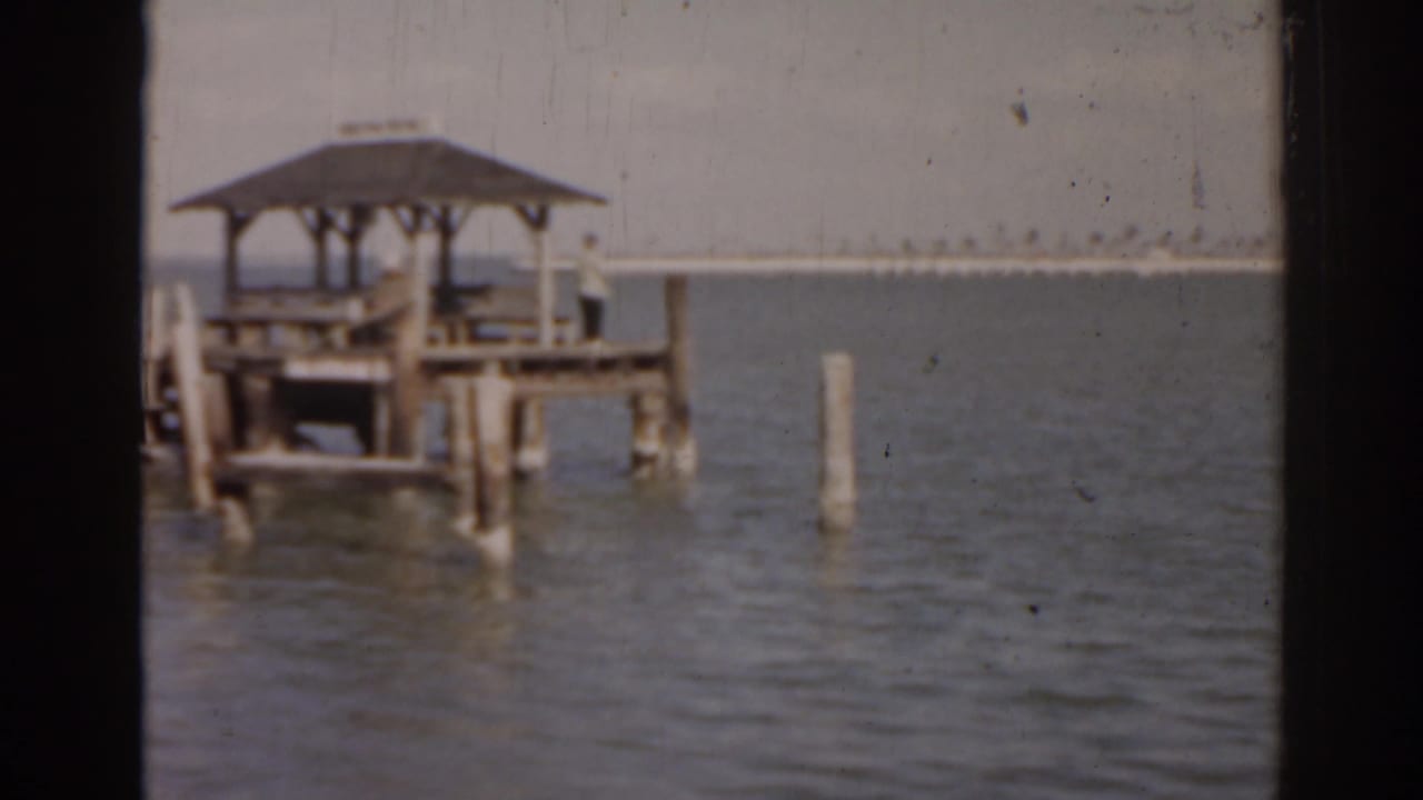 Person standing near a roofed dock while water and shoreline fill the background.