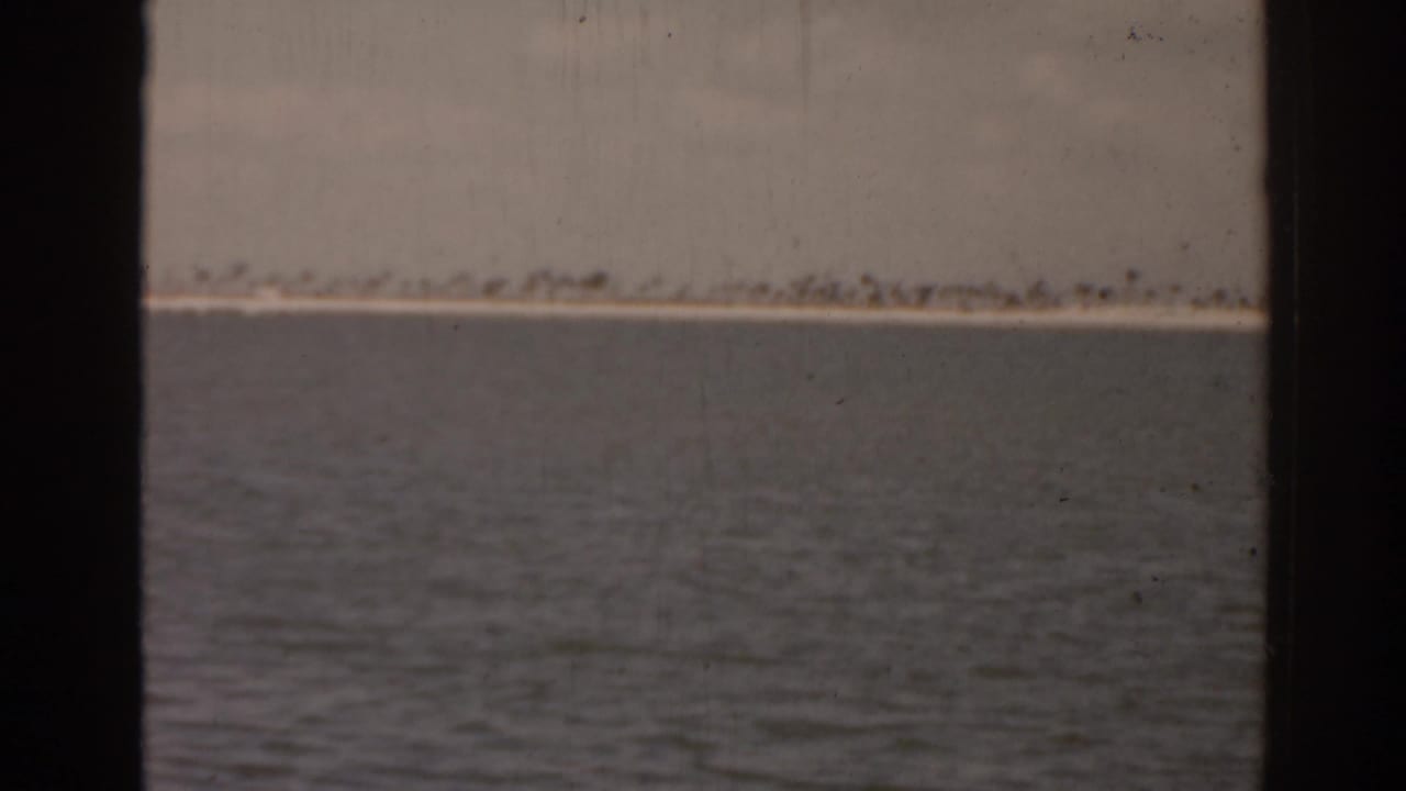 Distant shoreline across rippled water with a dark vertical divider in the frame.