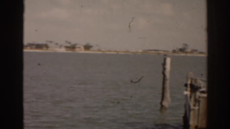 1963 Florida lake footage frame with distant shoreline, rippled water, and a wooden post near the right edge.