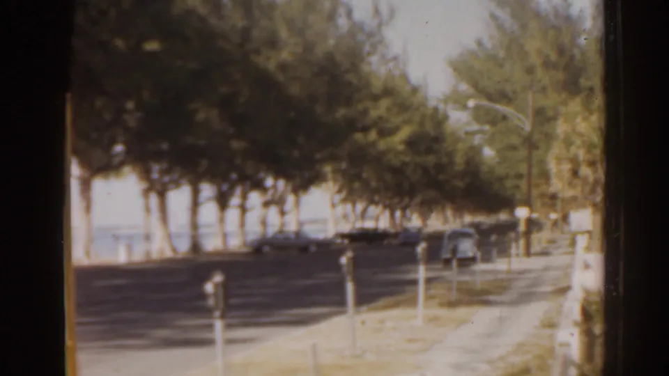 1963 Florida home-movie frame showing a shaded coastal road, parked cars, sidewalk, trees, and parking meters near the water.