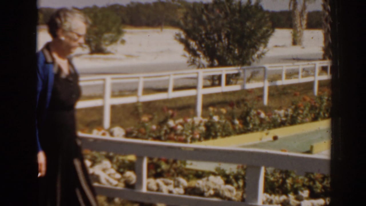 Older woman in a blue cardigan stands beside a window overlooking a mini-golf course.
