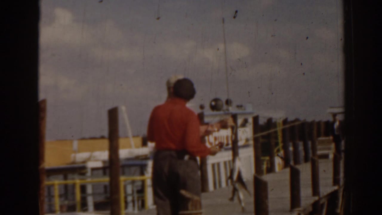 Man in a red shirt stands on a dock near railings and water.