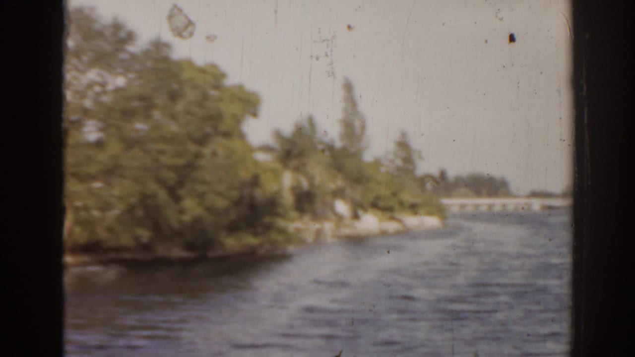 Waterway curving past trees with a small bridge visible in the distance.