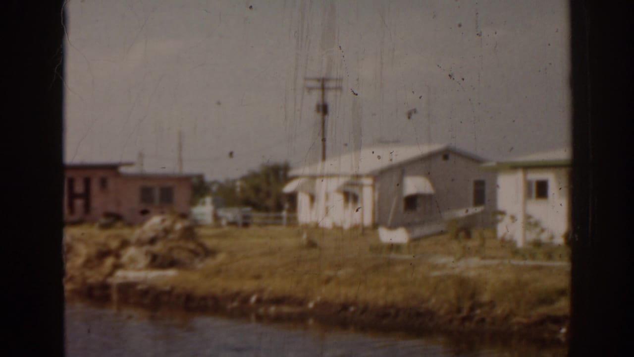 Waterfront houses and a pink FISH building seen past dark window framing.