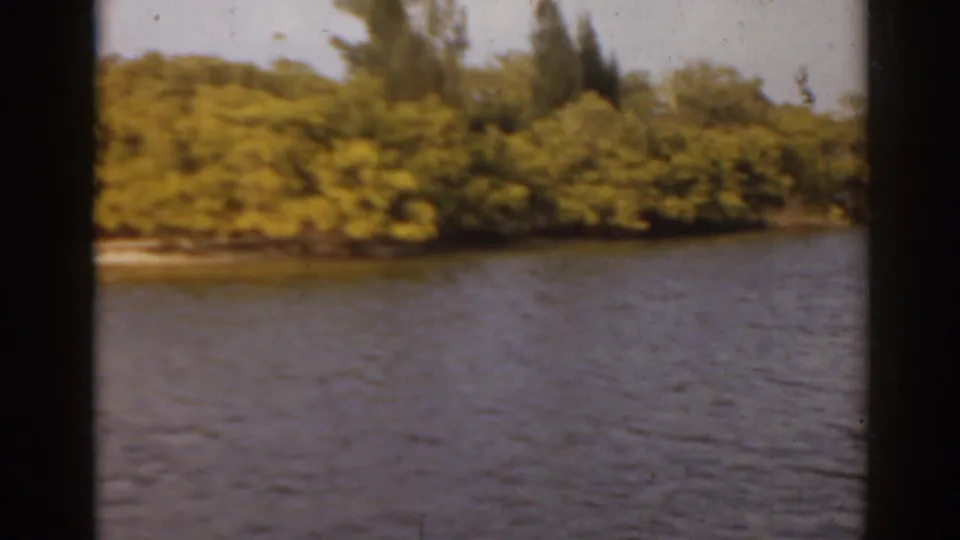 1963 Florida 8mm view of a small island passing close to the camera, with water, foliage, and a pale sky.