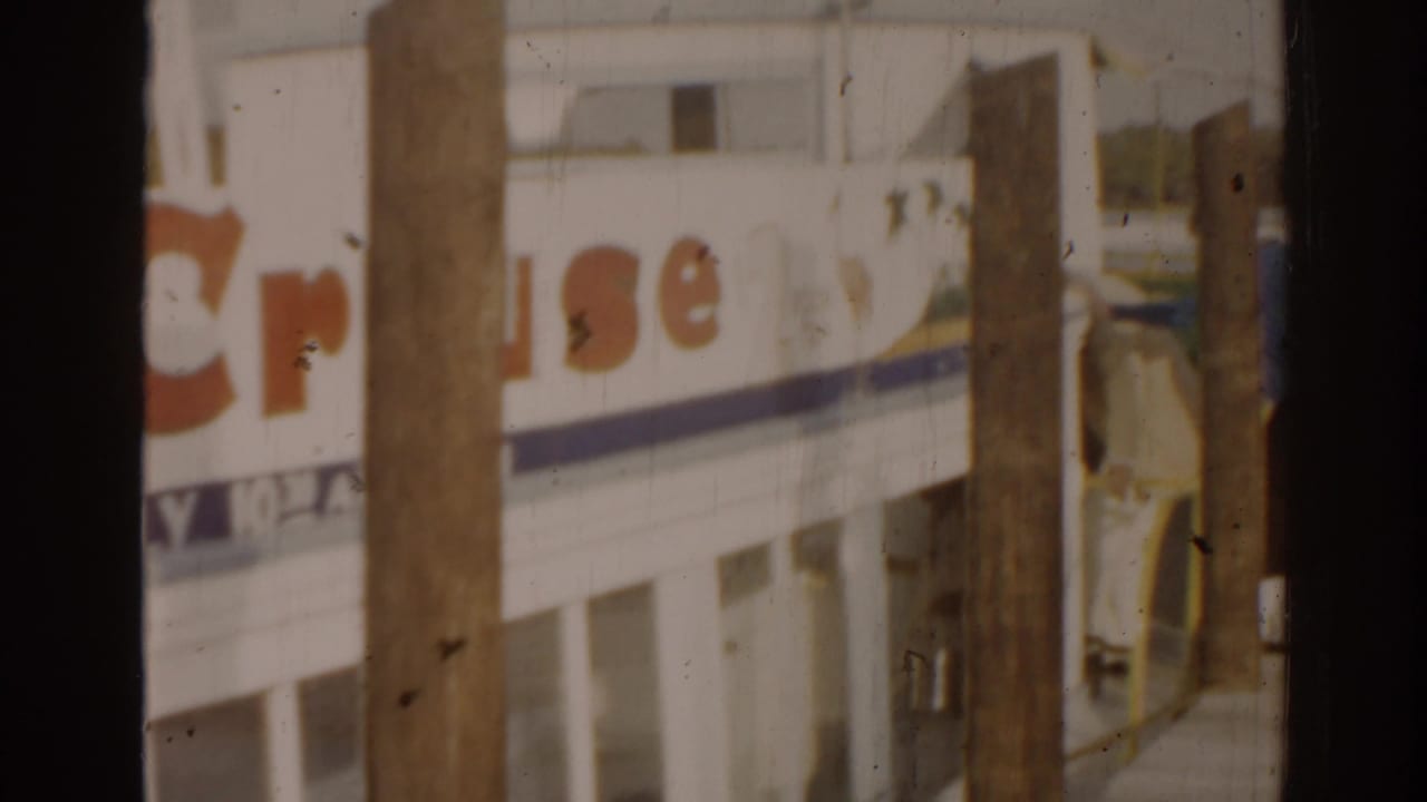 White boat with Jungle Cruise lettering behind wooden dock posts.
