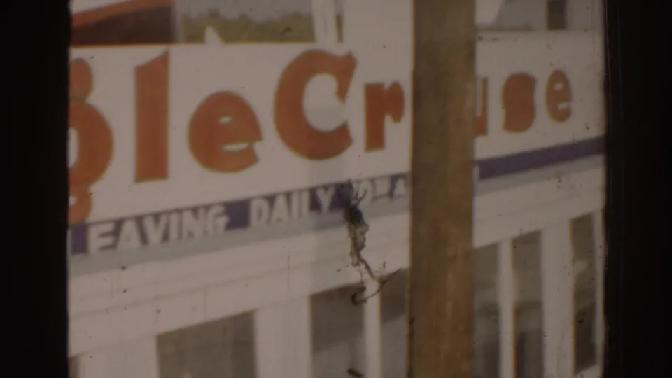 Close 8mm view of the Jungle Cruise sign with Leaving Daily below, partly interrupted by a wooden piling.