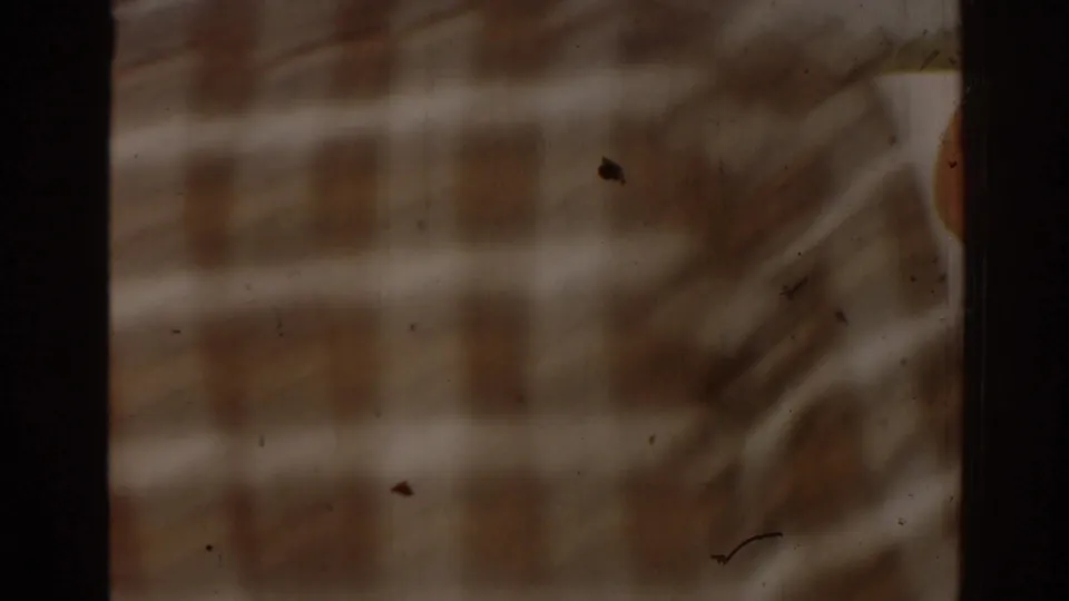 Soft, abstract 8mm frame with a close blurred patterned surface and dark film-frame edges near the boat sequence.