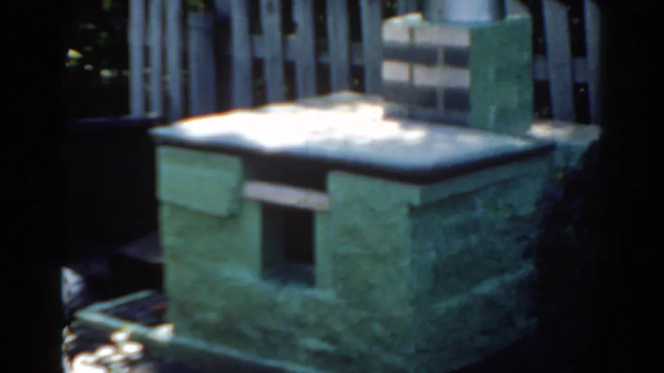 Soft 8mm frame from Florida in 1963 showing the small greenish masonry backyard feature with its chimney and shaded surroundings.