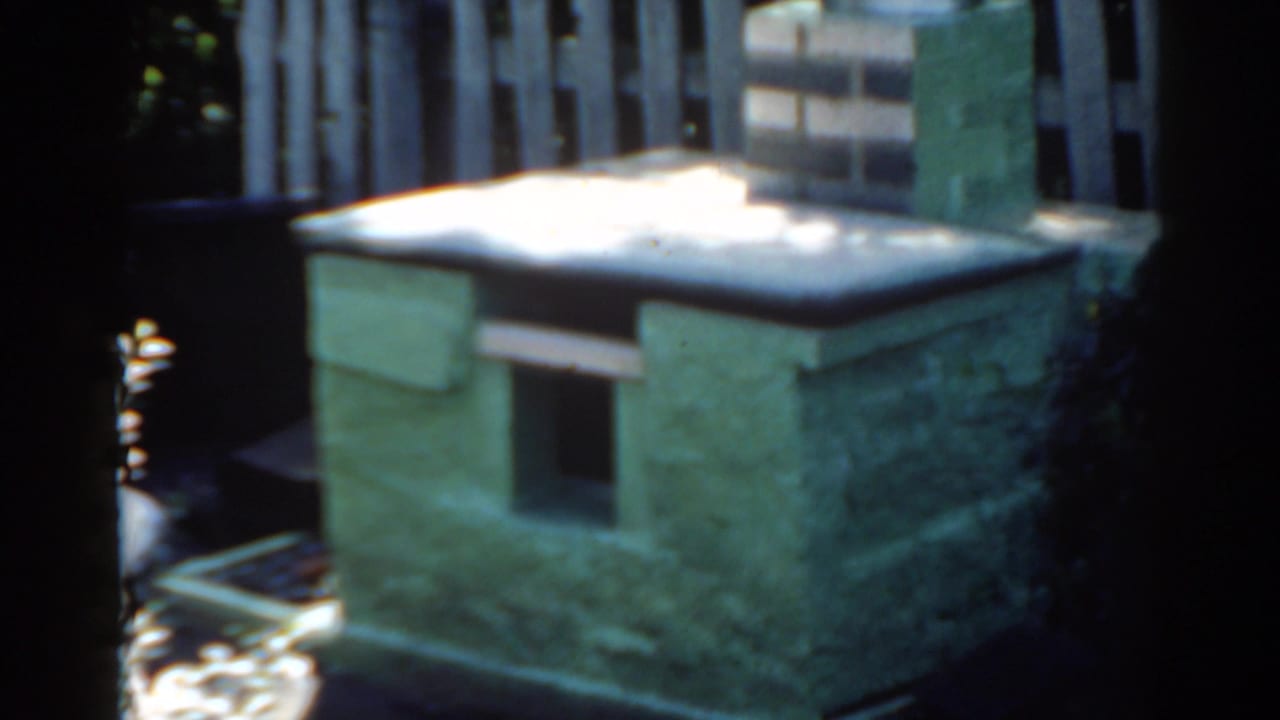 Green masonry structure with a snowy top, small opening, fence, and dark trees behind it.