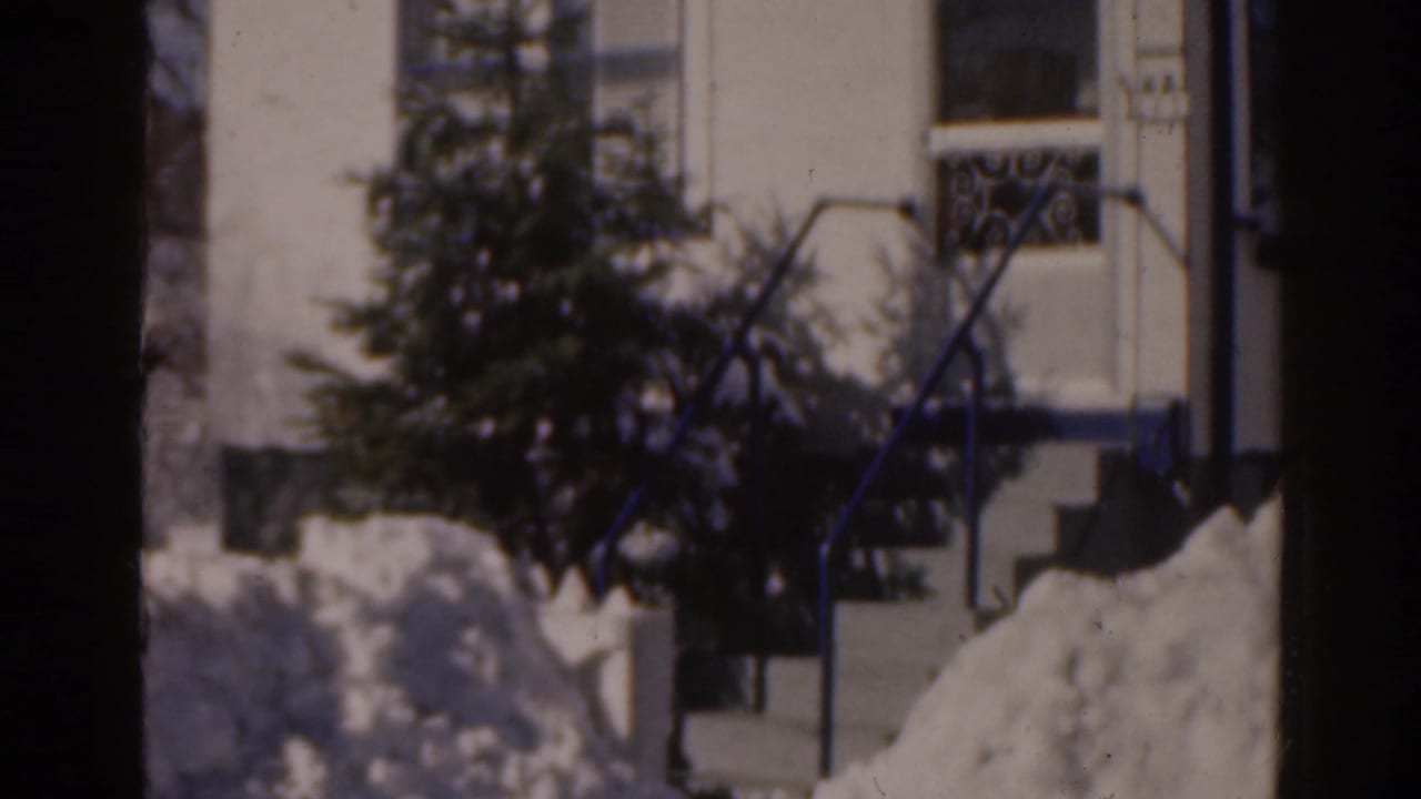 Snow-covered house exterior with porch steps, evergreen, and yard.