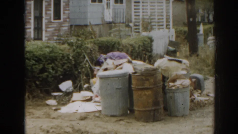 Home-movie frame from 1963 New Jersey showing a cluttered residential yard with trash cans, barrels, siding, and a hedge.