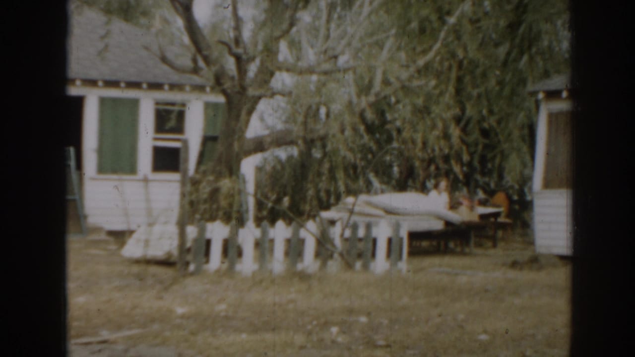 White farmhouse with green shutters, a willow tree, and a short white fence in a windy yard.