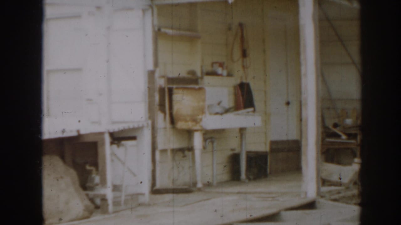 Weathered outbuilding porch with a utility sink, shelf, tools, and open siding.