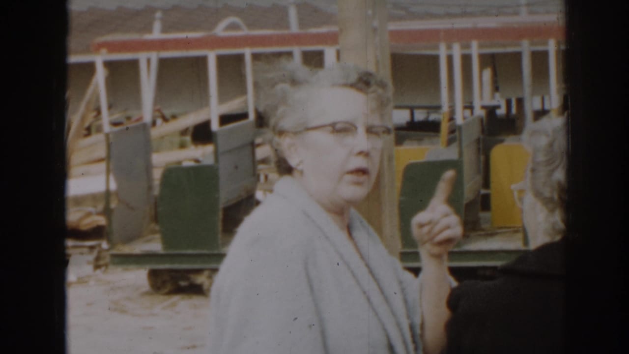 Elderly woman in glasses points while standing near a large structure and scattered materials.