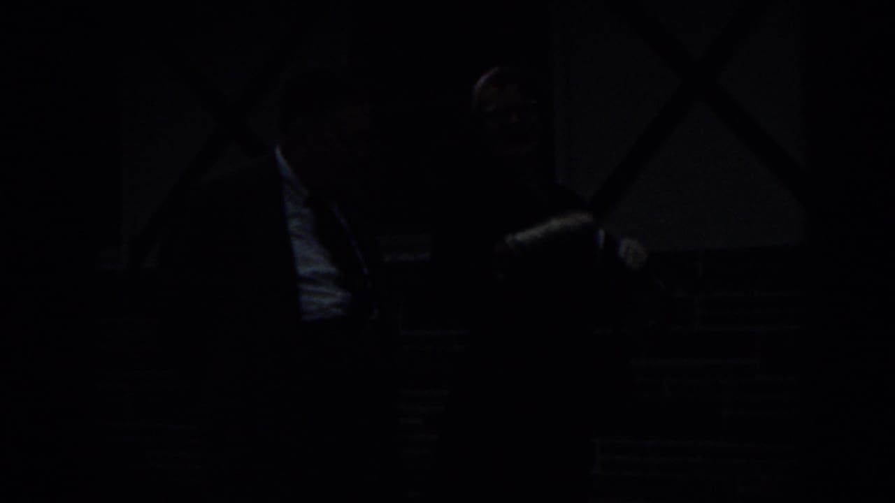 Dim frame of adults near a brick building, partly hidden by deep shadow.