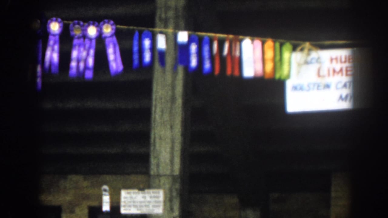 Colorful ribbons hang above a dark wooden structure with part of a farm sign at right.