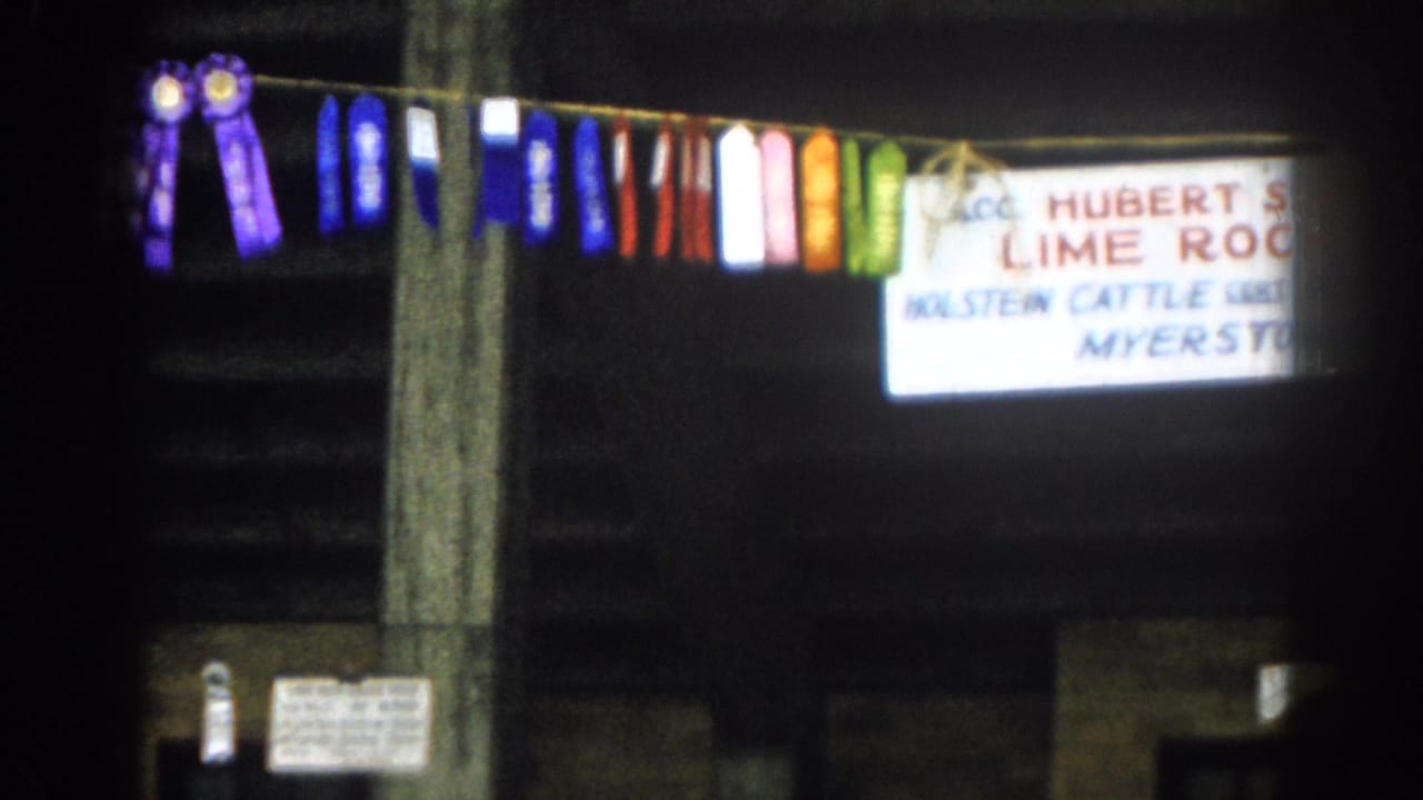 Award ribbons stretch across the top of a dark structure beside a partially readable farm sign.
