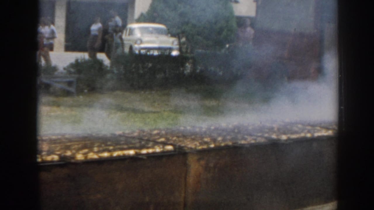 Smoking outdoor grill with food cooking and a white car in the background.