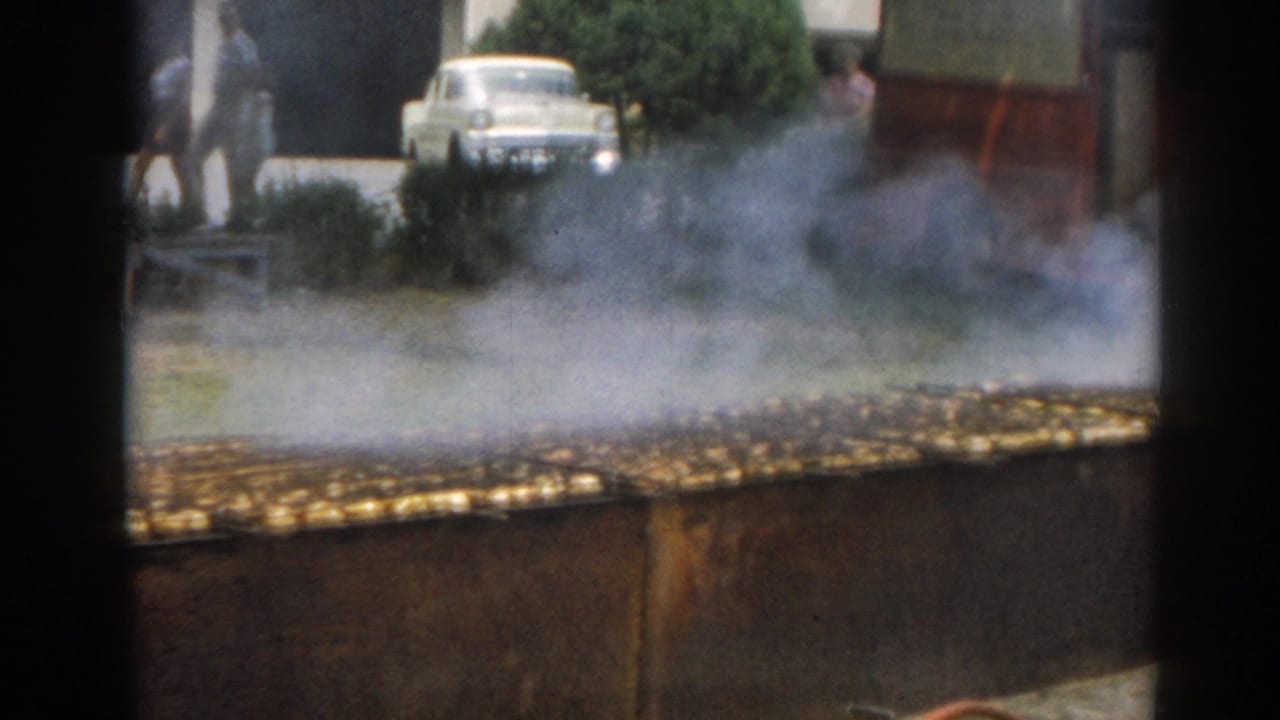 Outdoor grill smoking heavily with a white car and people beyond it.