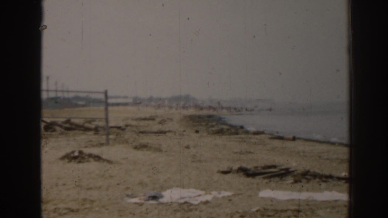 Similar shoreline view with sand, calm water, scattered material, and a distant net.