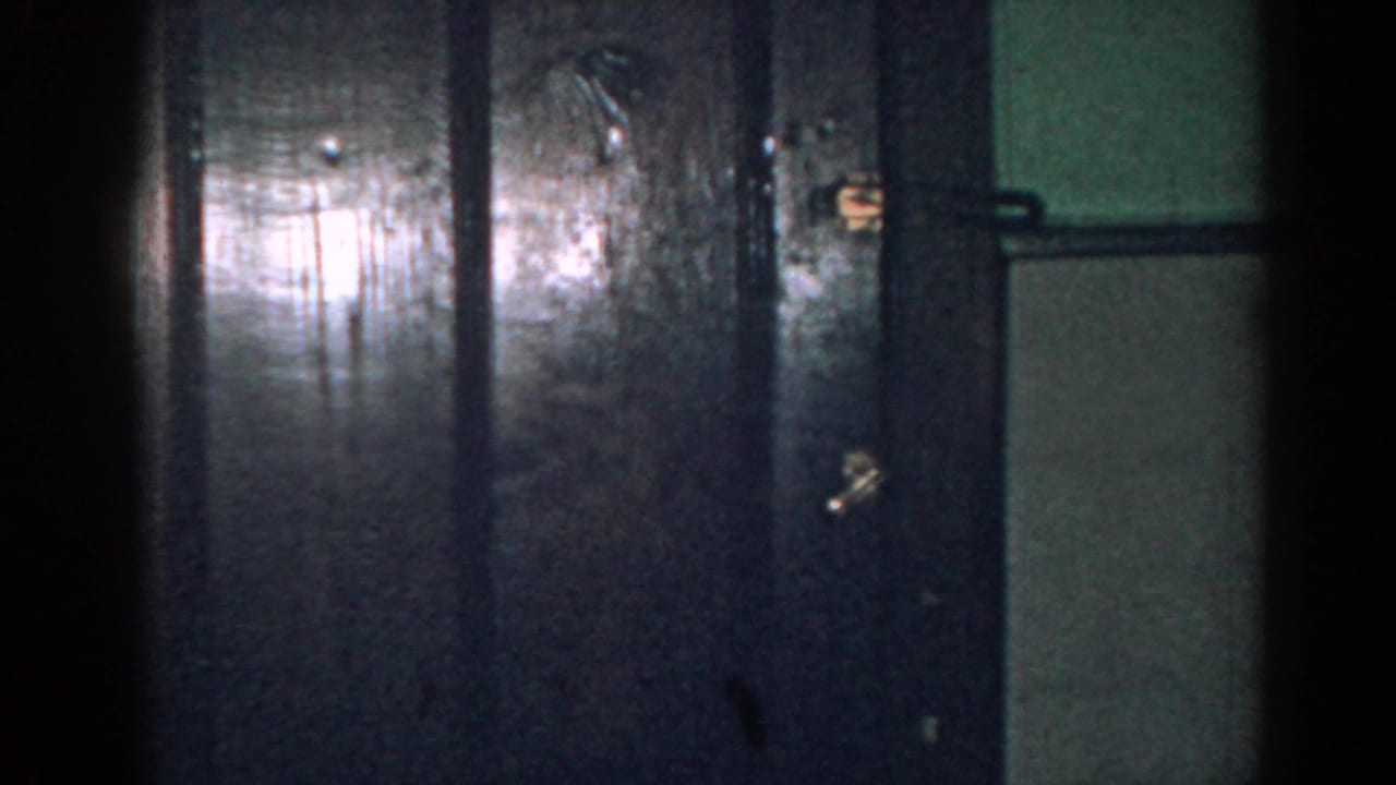 Dark interior doors and muted wall surfaces in low light.