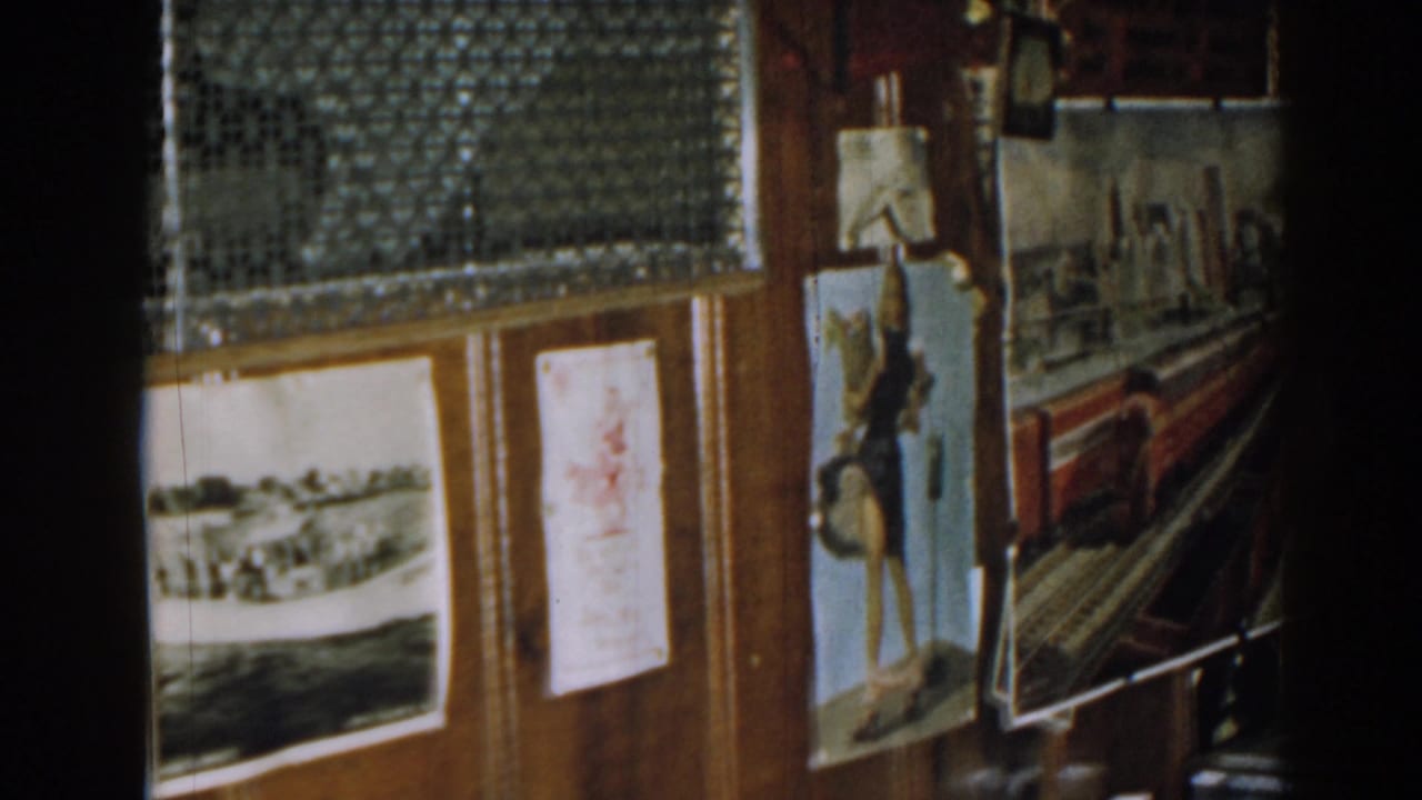 Wood-paneled wall with photos, a faded figure poster, and mesh window screens.