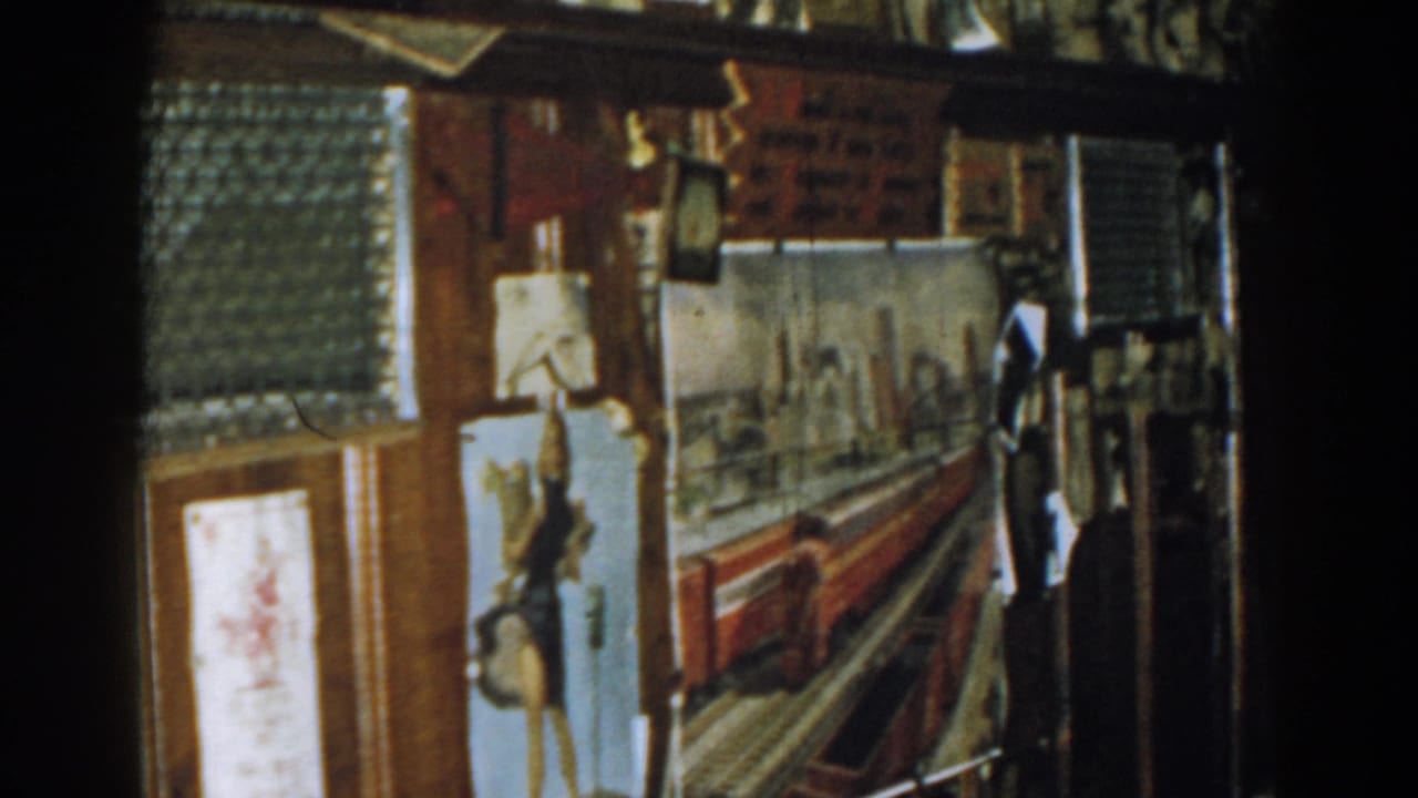 Painted red train backdrop on a wall with photos, mesh screen, and handwritten text above.