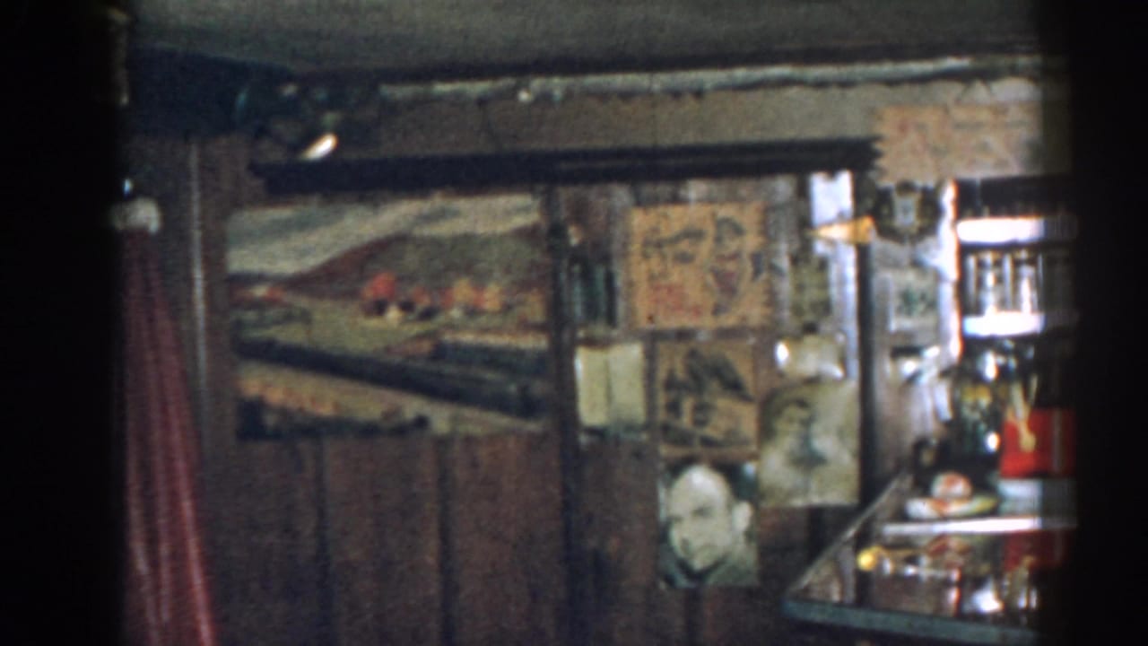 Dim bar interior with wood paneling, framed pictures, a counter, shelves, and glassware.