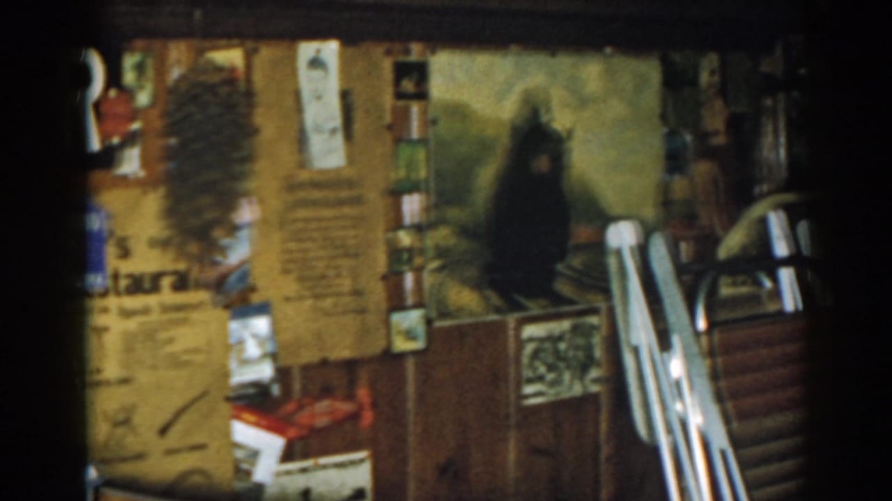 Dim storage room with wall papers, a dark-figure painting, boxes, and stacked folding chairs.