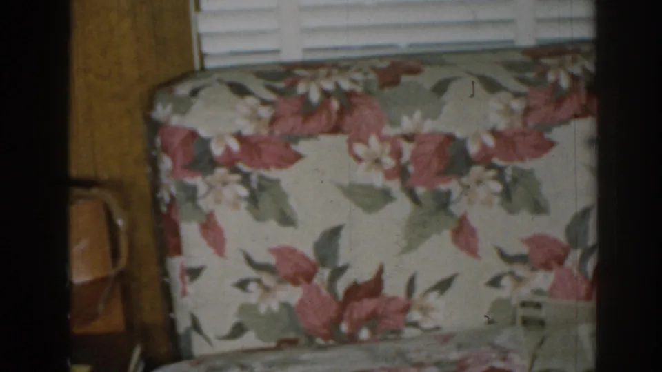 1963 New Jersey living-room frame centered on floral upholstered furniture below venetian blinds and beside wood paneling.