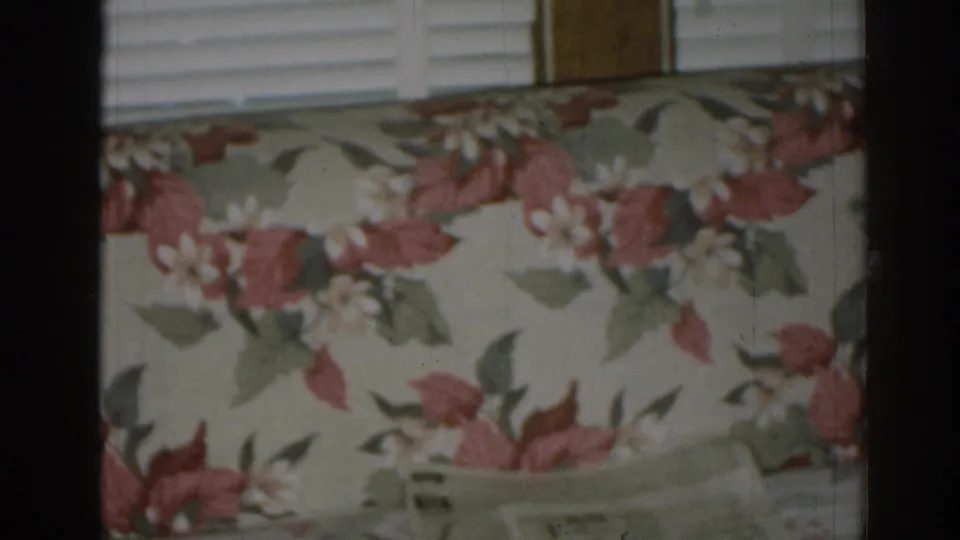 1963 New Jersey home-movie still with soft 8mm grain on floral sofa upholstery and partial window blinds above.