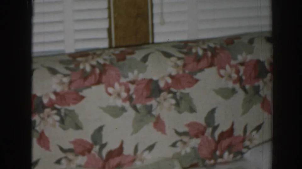 Final 1963 New Jersey frame showing floral sofa upholstery, white horizontal blinds, and dark 8mm frame borders.