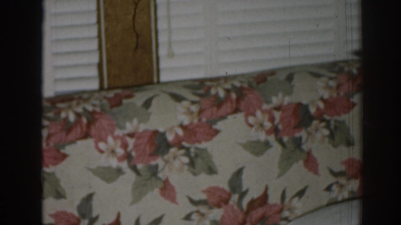 Floral couch back below white blinds and wood trim in a dim interior.