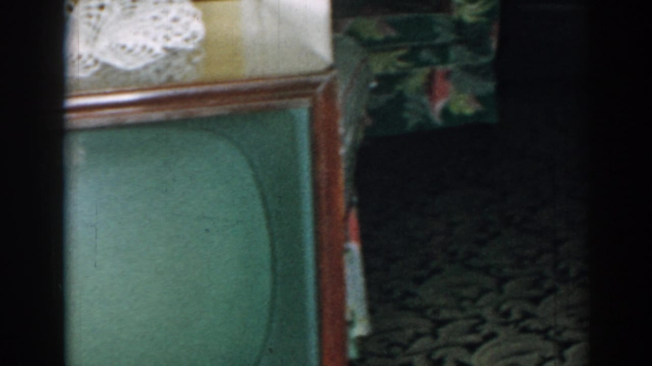 Television edge, floral chair, carpet, and dark film gate at the side.