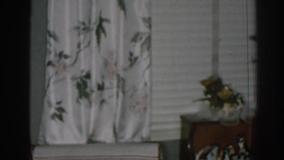 1963 New Jersey living-room view with horizontal blinds, floral curtain, wooden side table, and a small vase of flowers.
