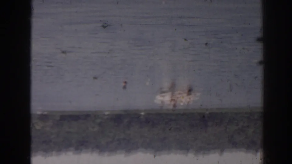 Faded 8mm frame showing a distant water surface with indistinct small figures or objects near the edge.