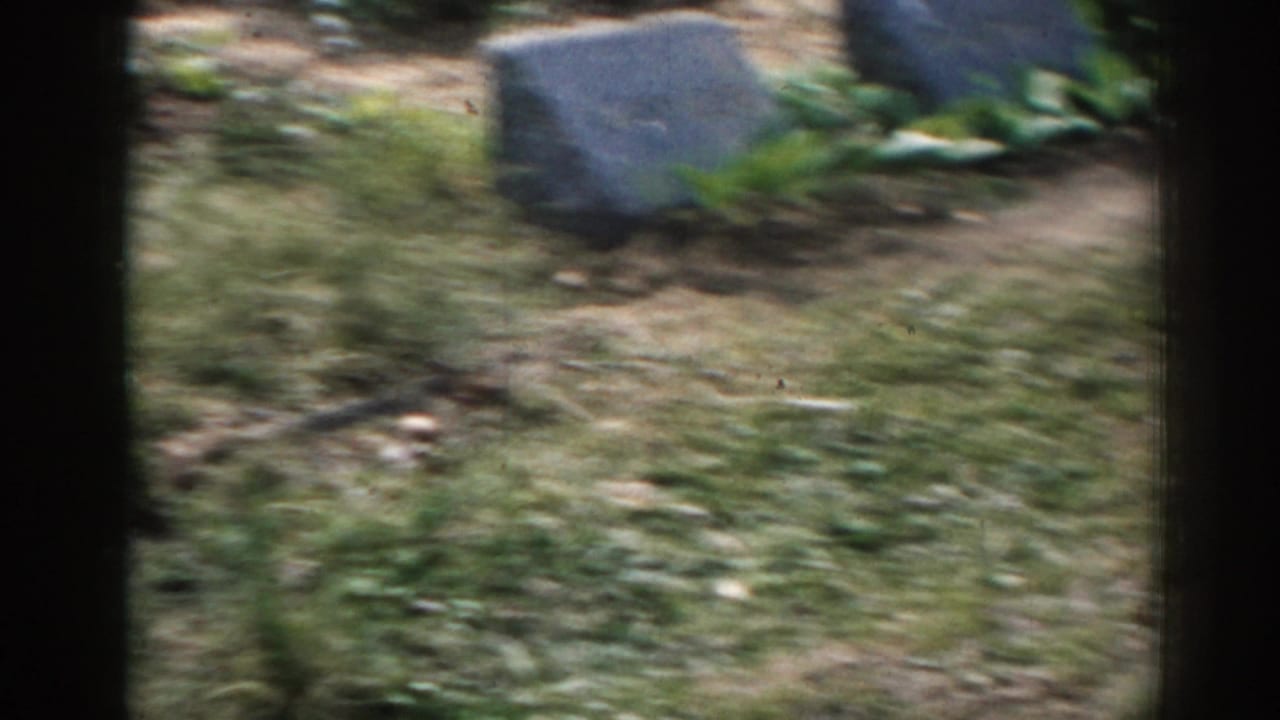 Blurred cemetery grass with low stone markers and dark film-frame edges.
