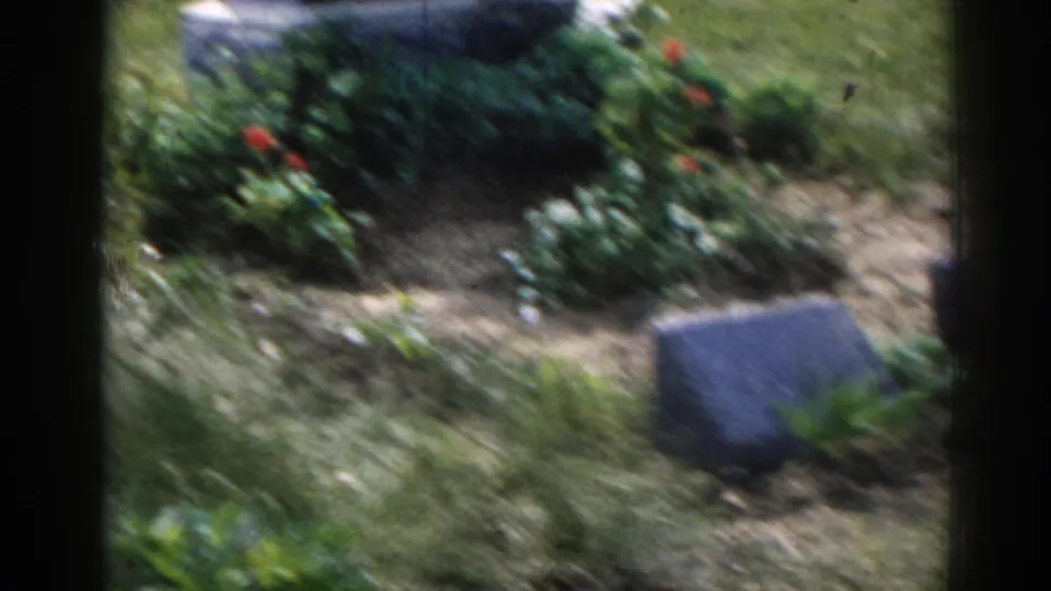 1963 New Jersey cemetery frame with a flower bed, low marker, grass, and soft handheld blur from the moving camera.