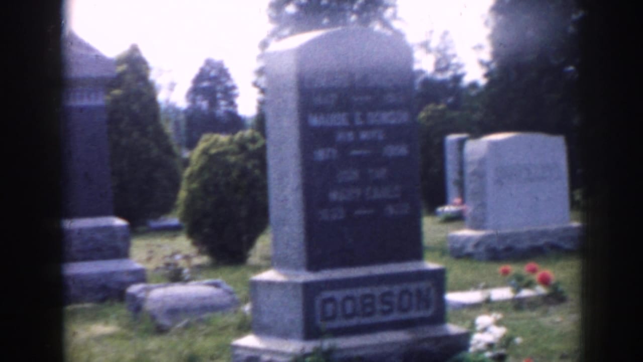 Large upright cemetery monument with smaller headstones and shrubs around it.