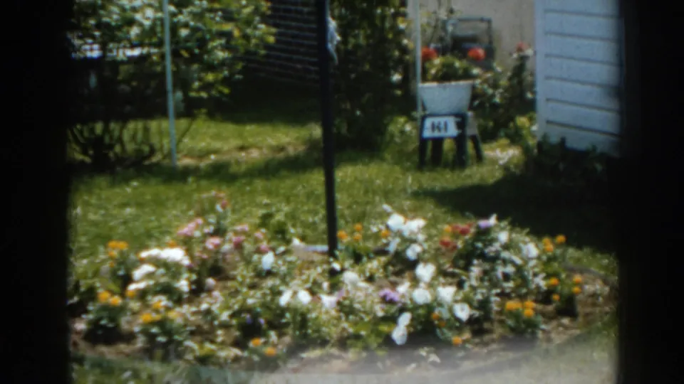 The backyard garden remains centered, showing a circular flower bed, grass, white house wall, and planted borders in 1963 New Jersey footage.
