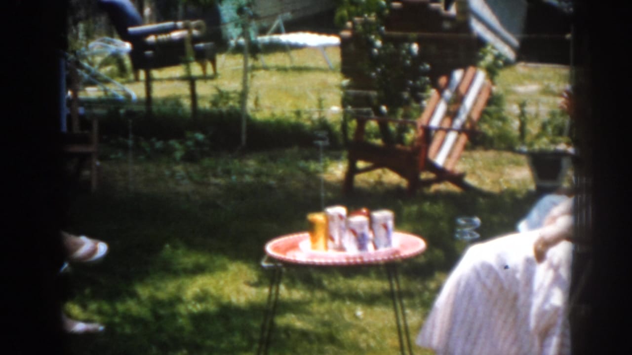Backyard lawn with seated women, a red table with drinks, and lawn chairs in sun.
