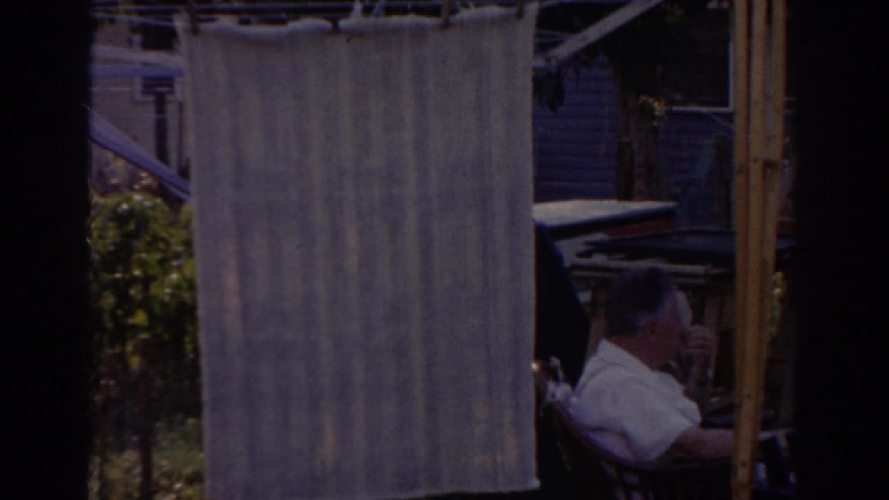 Man seated in a backyard beside a large cloth hanging on a clothesline.