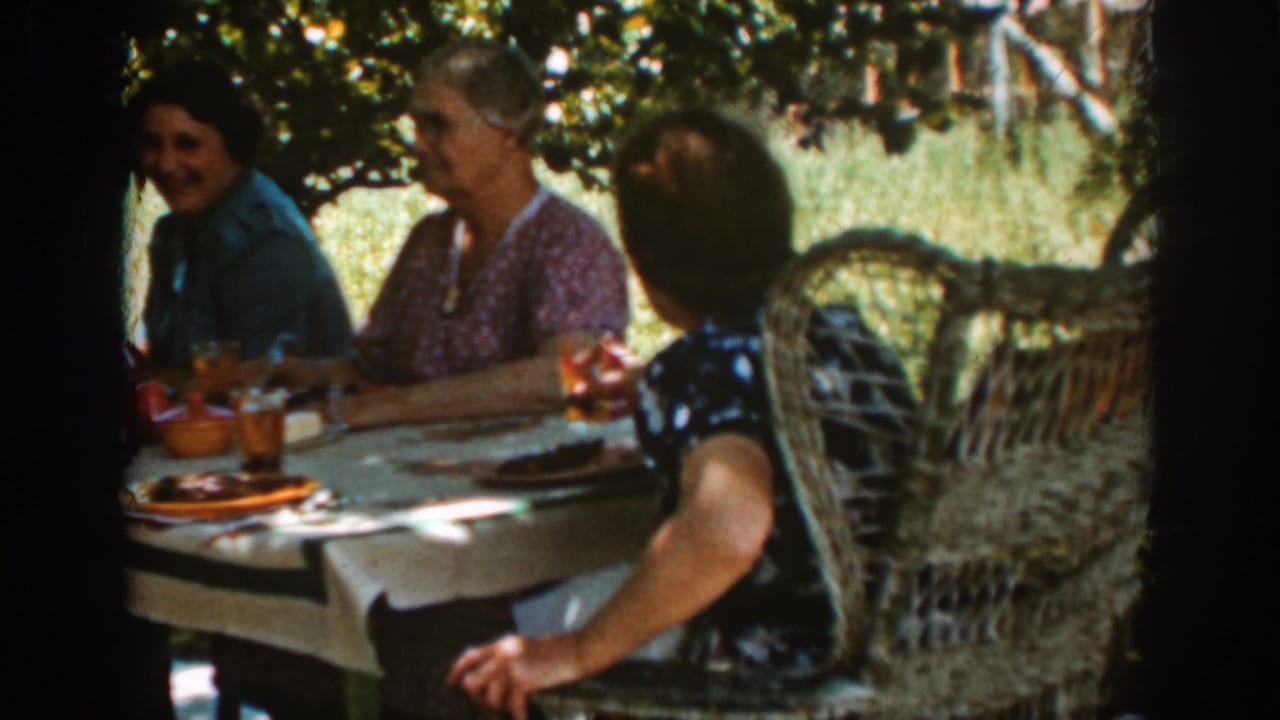 Adults sit at an outdoor table under trees with glasses and plates visible.