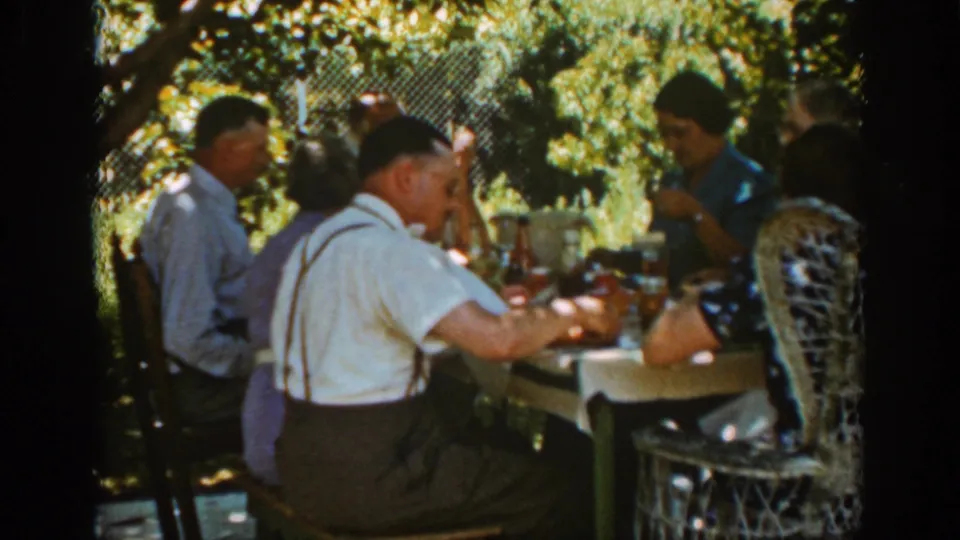 The final frame shows the Auburn family picnic continuing, with adults seated around a table beneath trees in soft 8mm color.