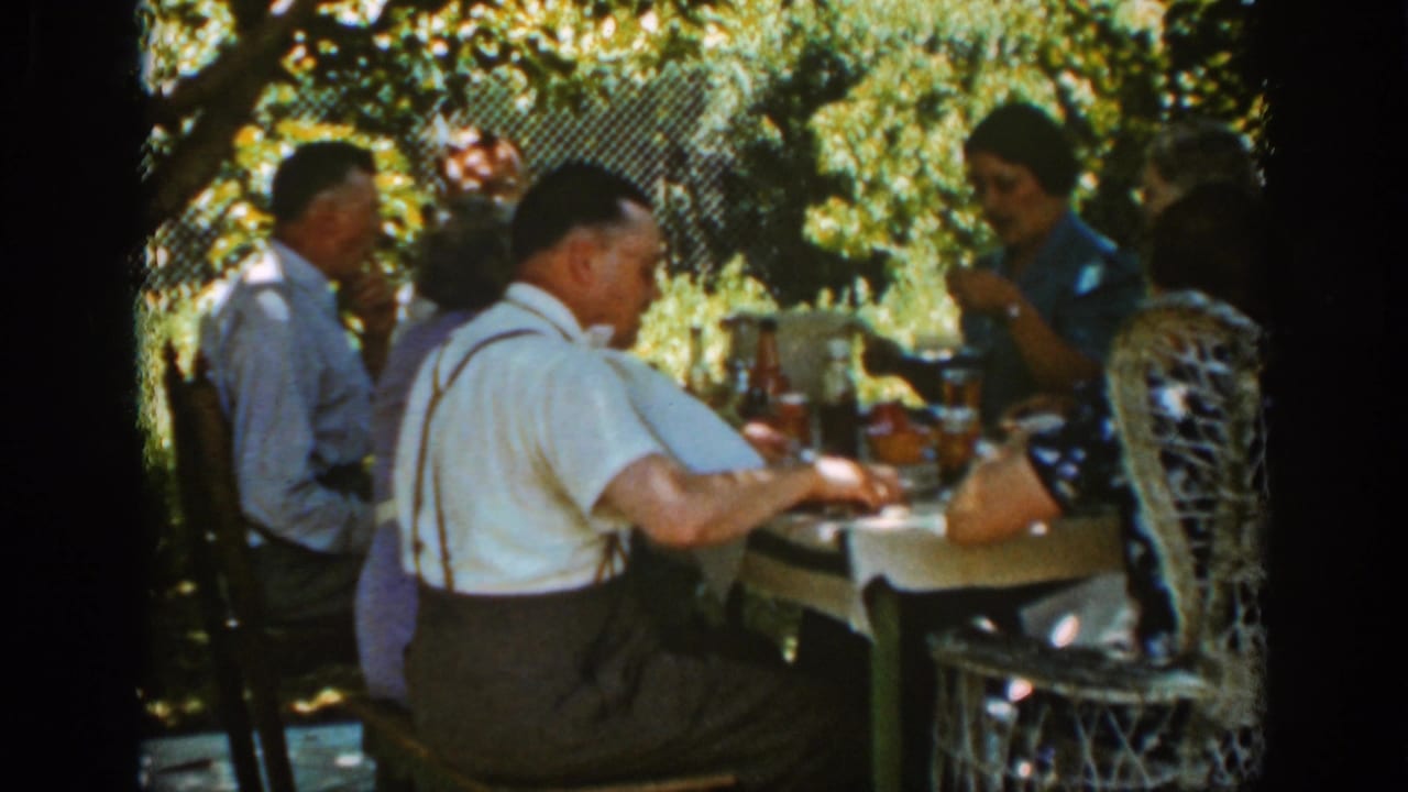 Adults seated around an outdoor picnic table in dappled shade.