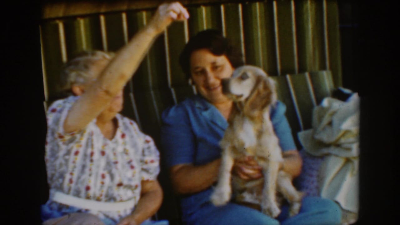 In the 1939 Auburn porch-swing scene, an older woman lifts her arm while a woman in blue holds a light-colored spaniel on her lap.