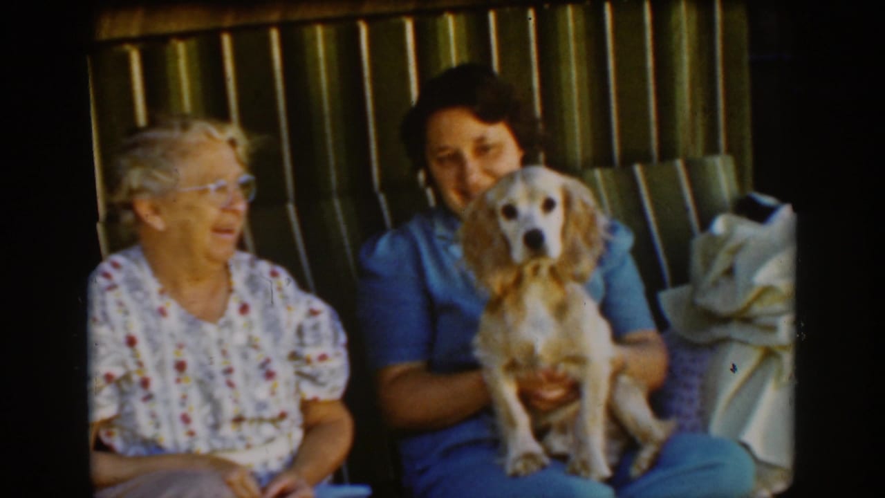 Two women sit on a striped bench while the younger woman holds a small cocker spaniel.